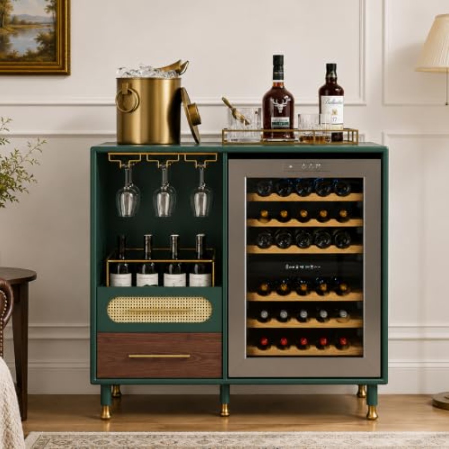 Home Bar And Fridge - ตู้บาร์พร้อมพื้นที่สำหรับตู้เย็นขนาดเล็ก, ตู้บาร์สำหรับใช้ในบ้าน, ผิวไม้ลายวีเนียร์, สีวอลนัท, ดีไซน์ทันสมัยเรียบหรู