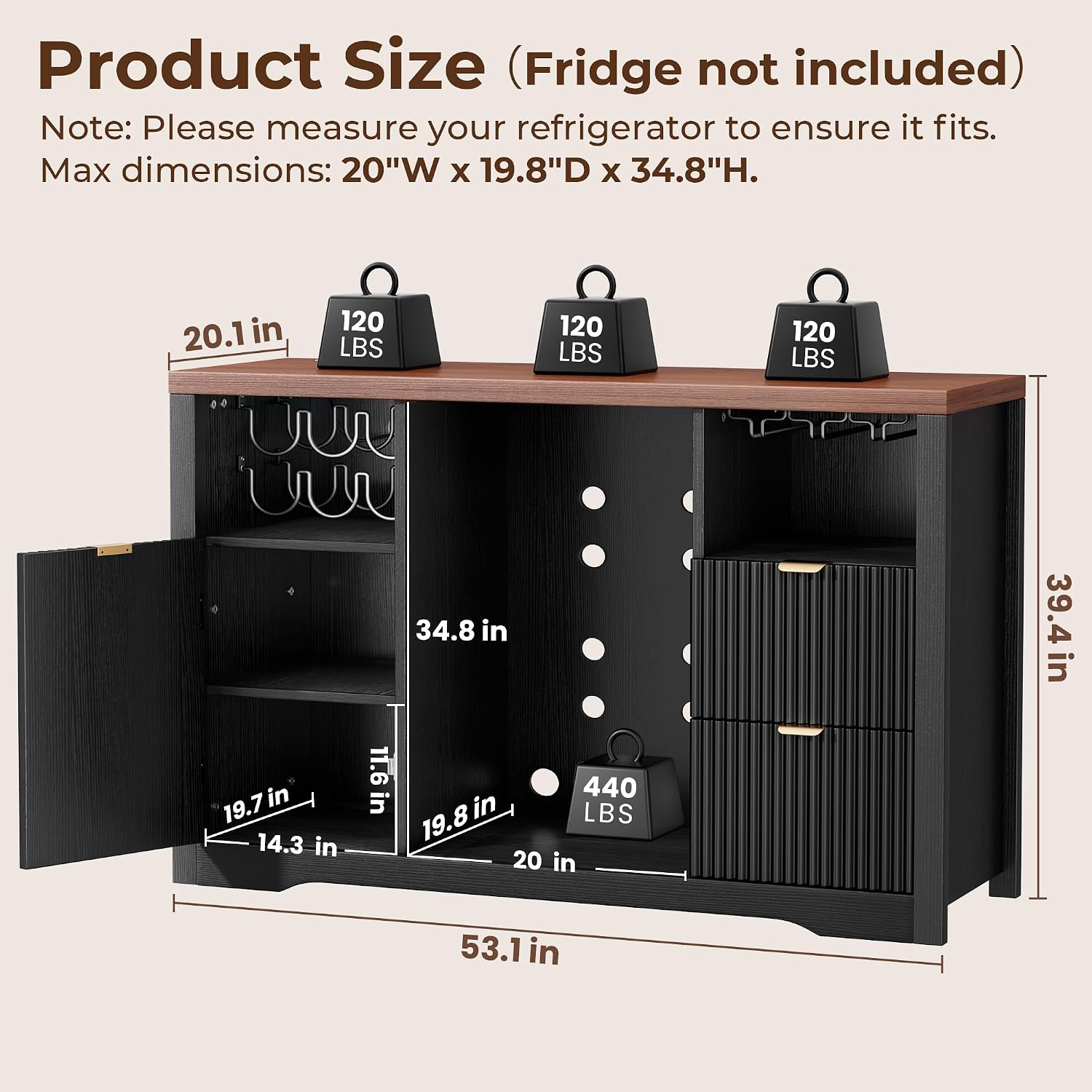 Home Bar And Fridge - ตู้บาร์กาแฟพร้อมพื้นที่สำหรับตู้เย็นขนาดเล็ก, ตู้เก็บไวน์ขนาด 53 นิ้วพร้อมที่เก็บของ, ปรับแต่งได้