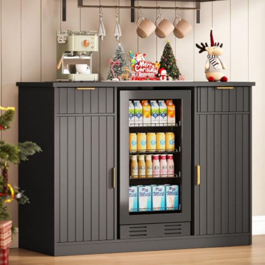 Home Bar And Fridge - ตู้เก็บของสำหรับบาร์กาแฟ 53 พร้อมพื้นที่สำหรับตู้เย็นขนาดเล็กและลิ้นชักสำหรับใช้ในครัวเรือน โครงสร้างโลหะสีดำและไม้ ดีไซน์ทันสมัยเรียบหรู